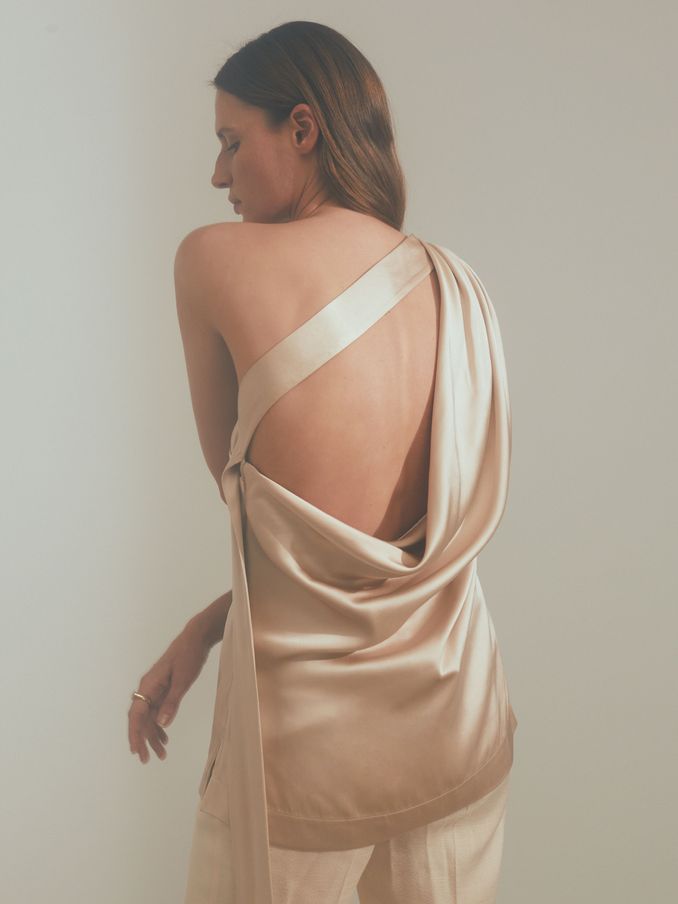 Atelier One-Shoulder Drape Back Top in Blush (K92292) | US$153