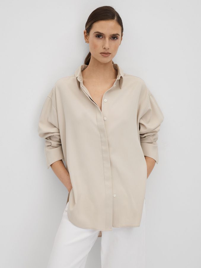 Split Hem Button-Through Shirt in Nude (K93668) | US$97