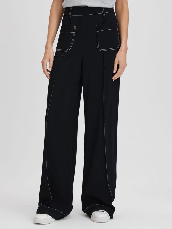 Petite Contrast Stitch Wide Leg Trousers in Black (K93671) | €121