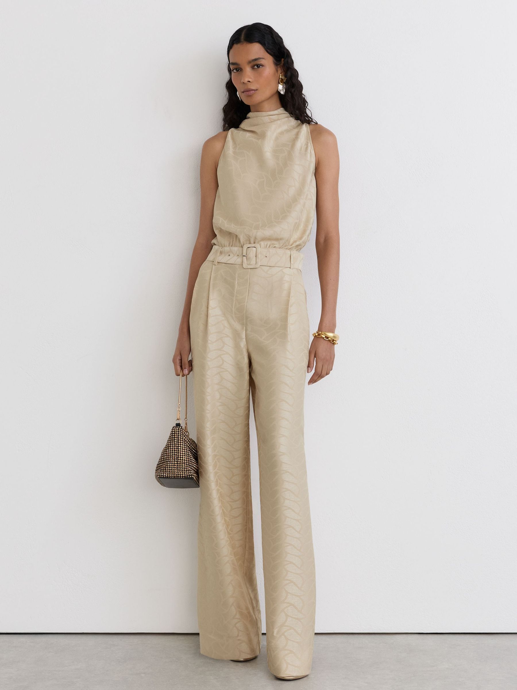 Champagne Neutral - Jacquard Cowl-neck Belted Jumpsuit