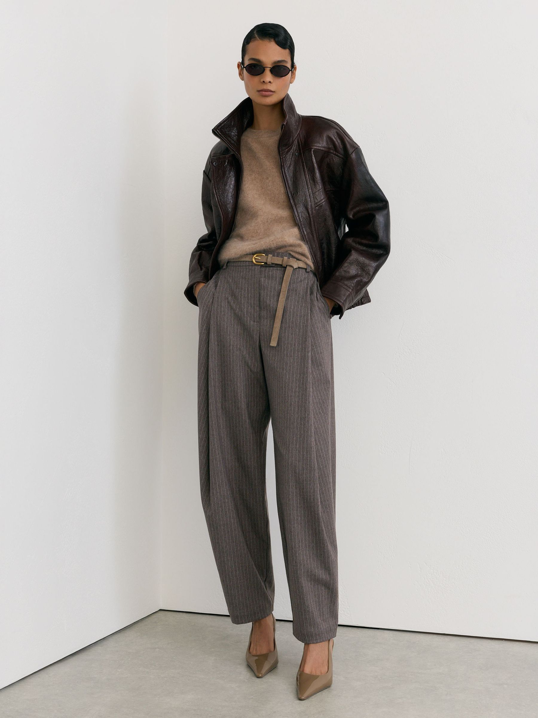 Taupe Neutral - Pinstripe Pleated Barrel-leg Trousers