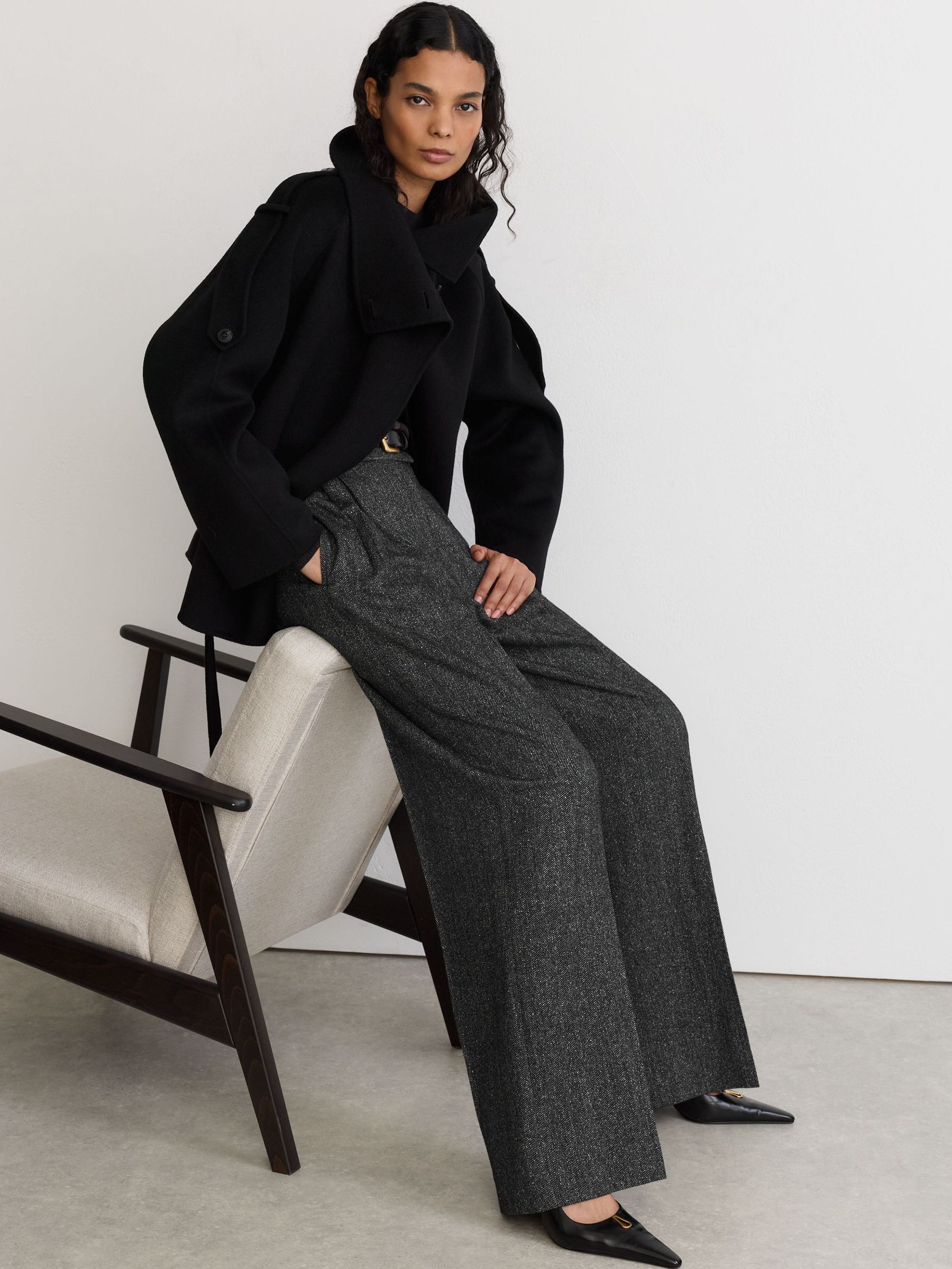 Dark Grey - Wool-silk Herringbone Wide-leg Trousers