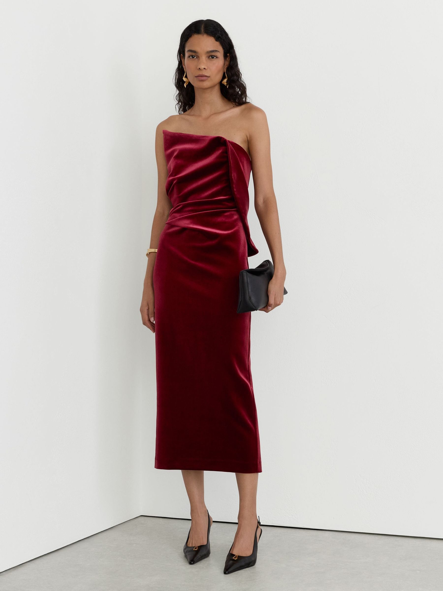 Red - Velvet Structured Strapless Midi Dress