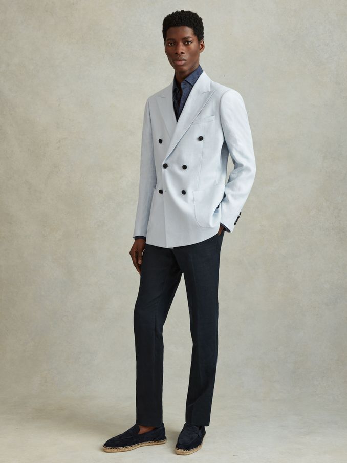 Double Breasted 100% Linen Slim Fit Blazer in Soft Blue (K95870) | HK$2,559