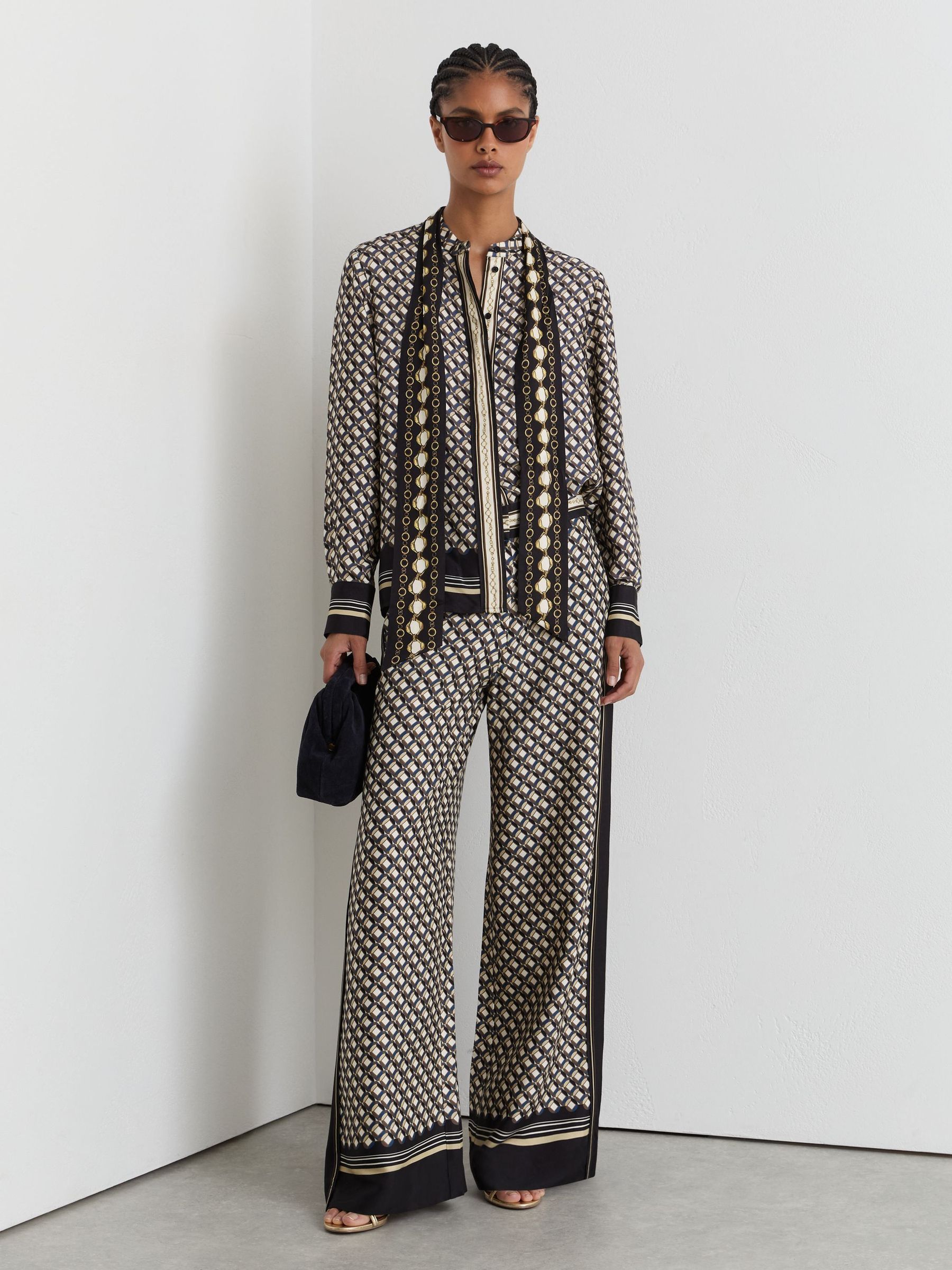 Marineblau/Gold - Scarf-print Wide-leg Trousers