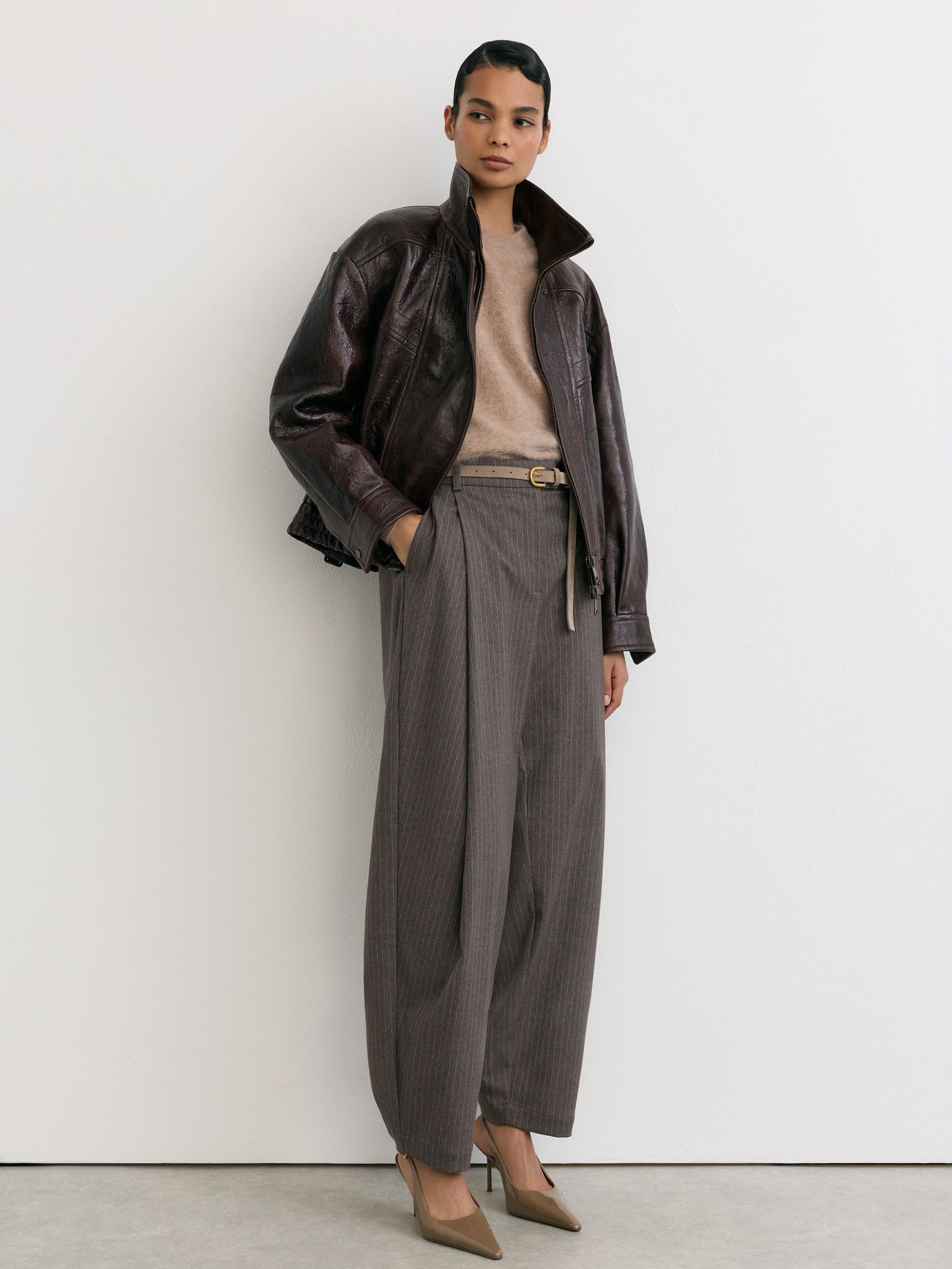 Taupe Neutral - Pinstripe Pleated Barrel-leg Trousers