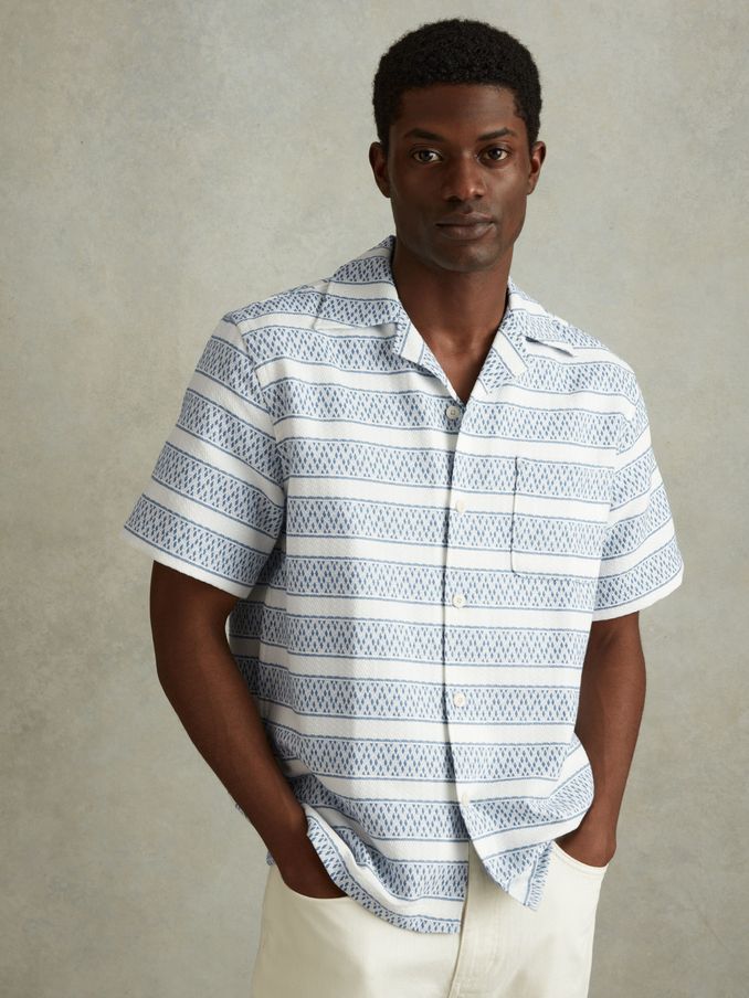 Herringbone Cuban Collar Shirt in White/Soft Blue (K97773) | US$77