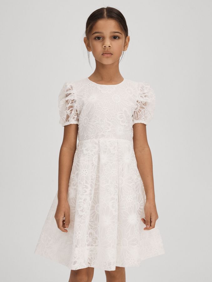 4-9 yrs Lace Puff Sleeve Dress in Ivory (K97809) | $52