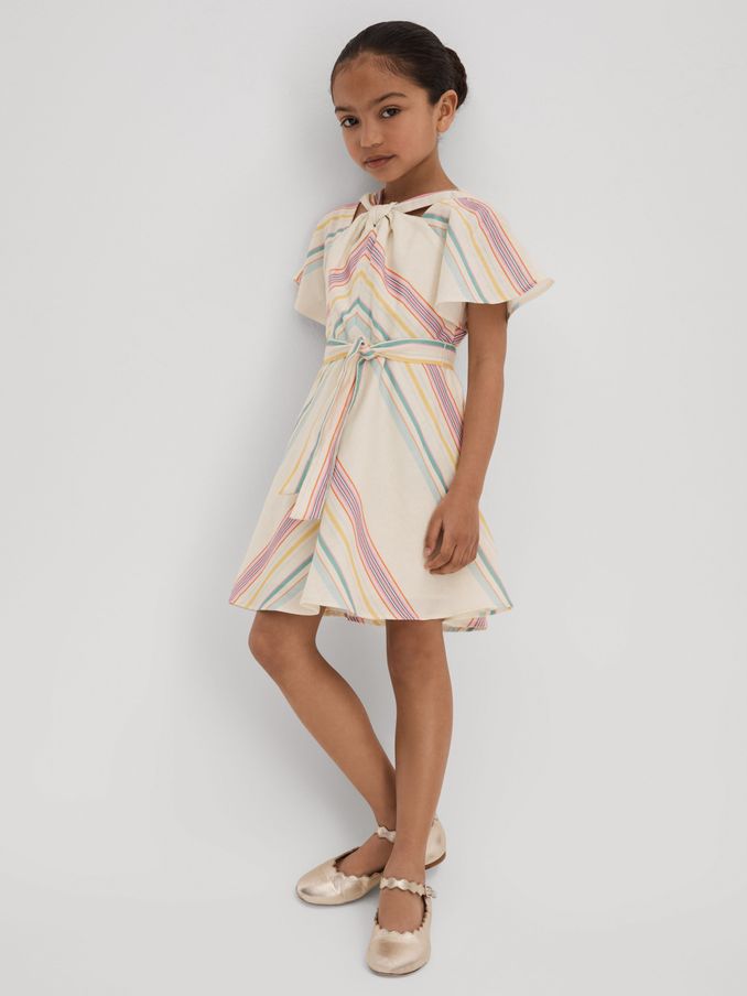 4-9 yrs Linen Cotton Knot Detail Dress in Ivory (K97810) | CHF 51