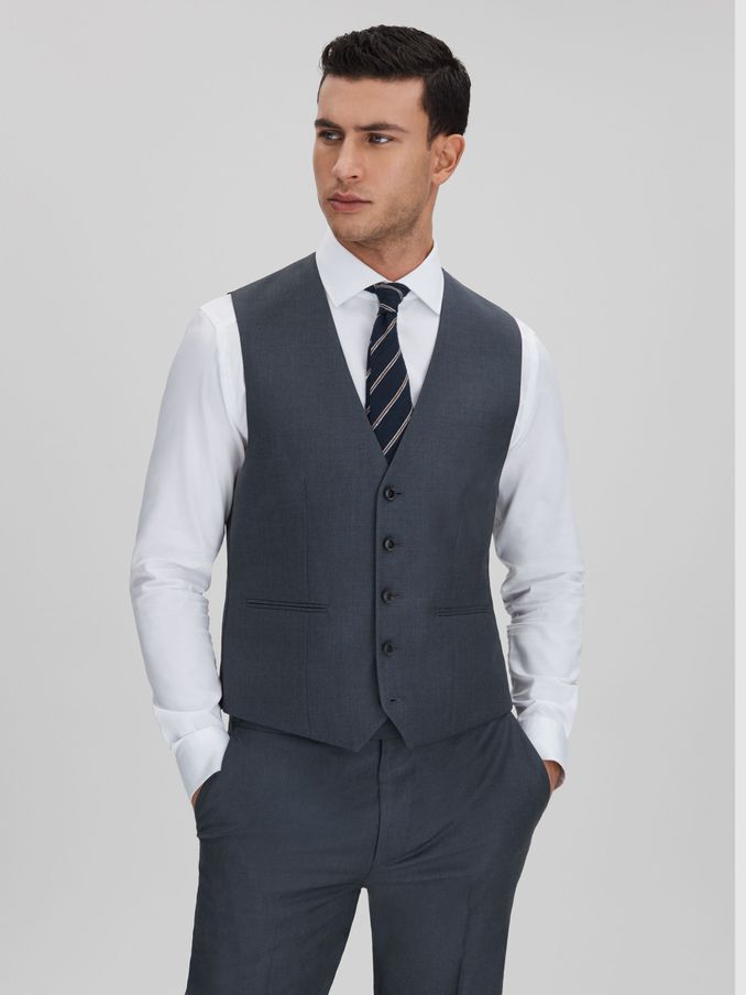 Slim Fit Single Breasted Wool Waistcoat in Airforce Blue (K99793) | US$81