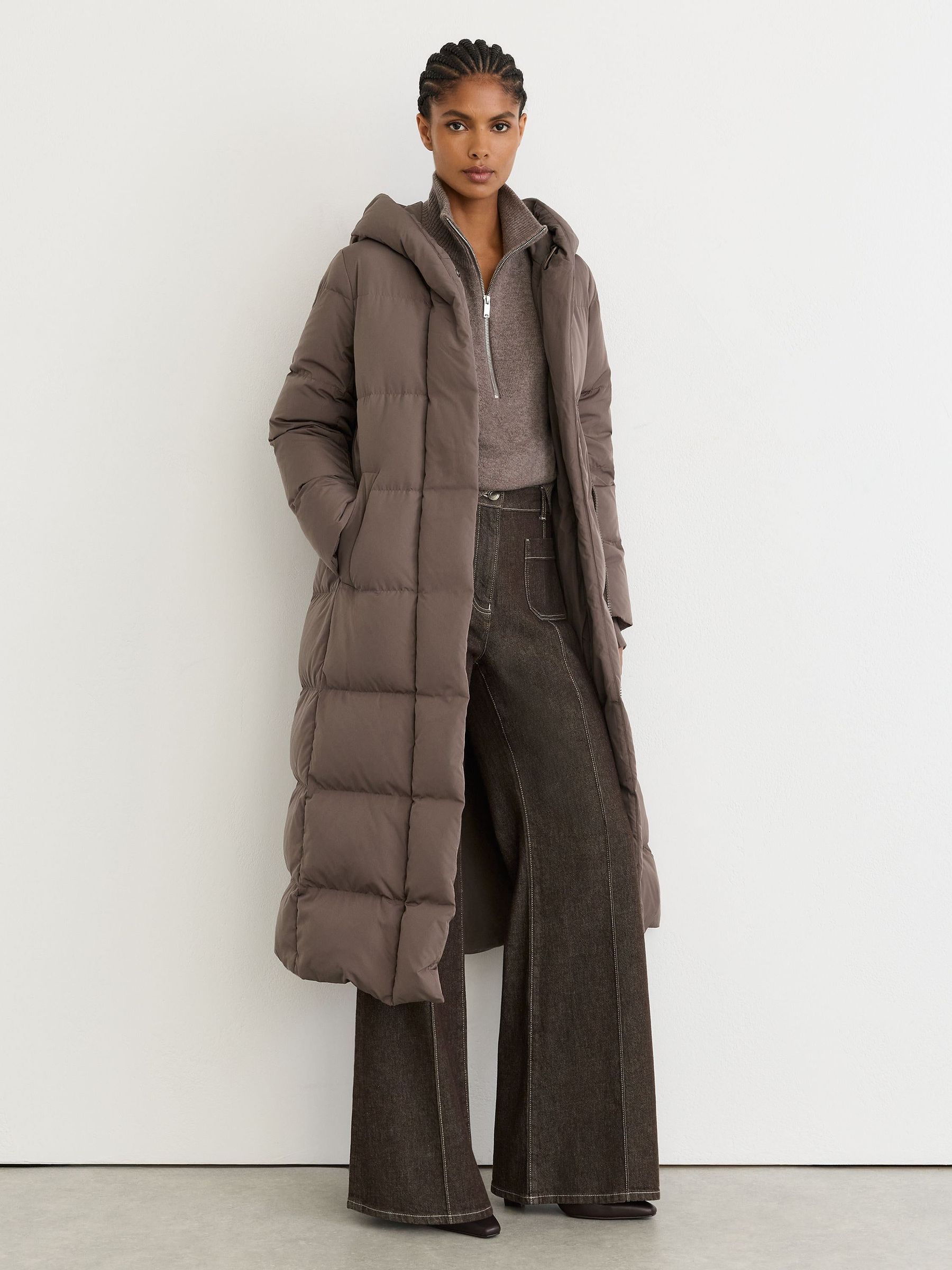 Taupe Neutral - Belted Longline Hooded Puffer Coat
