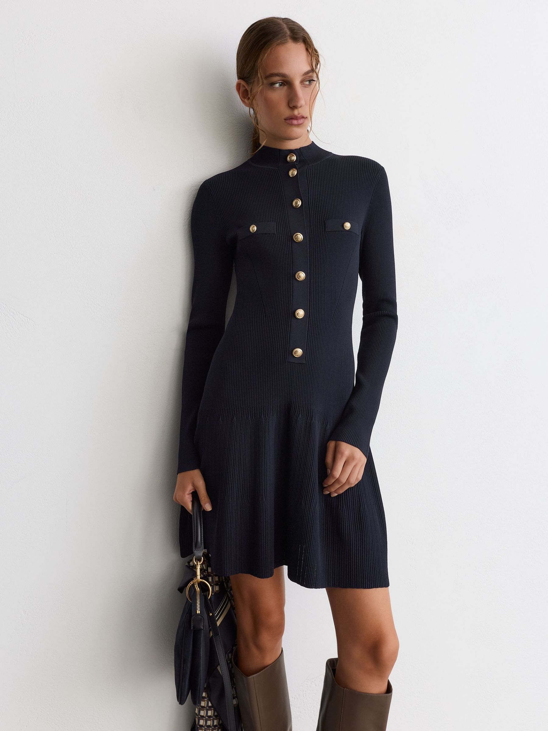 Navy - Rib-knit Half-button Mini Dress