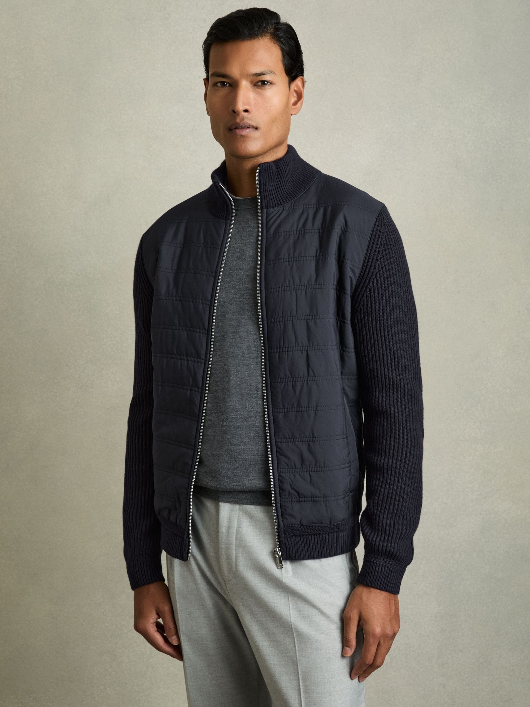 Hybrid Quilt and Knit Zip-Through Jacket in Navy (M20812) | $290