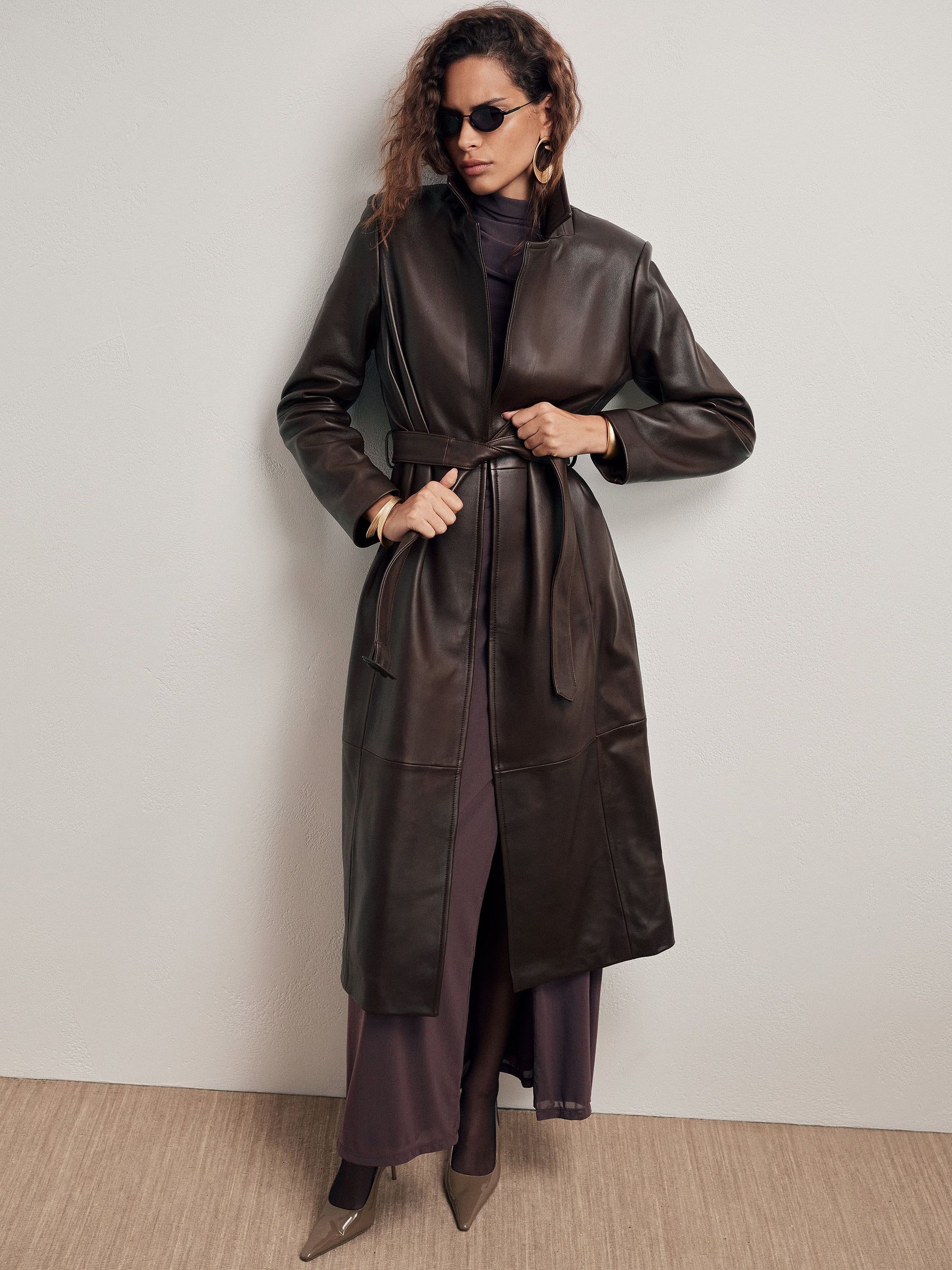 Chocolate Brown - Leather Belted Trench Coat