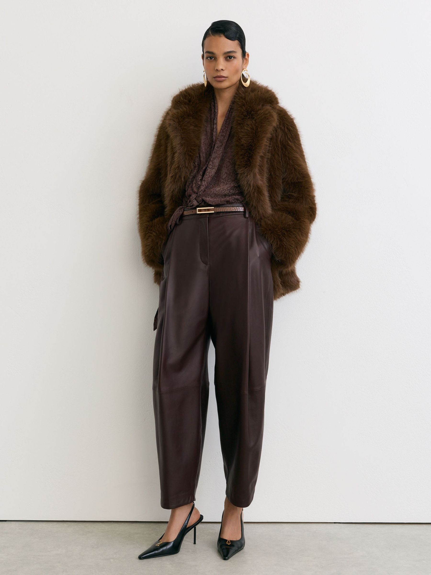 Burgundy - Leather Barrel-leg Pleated Trousers