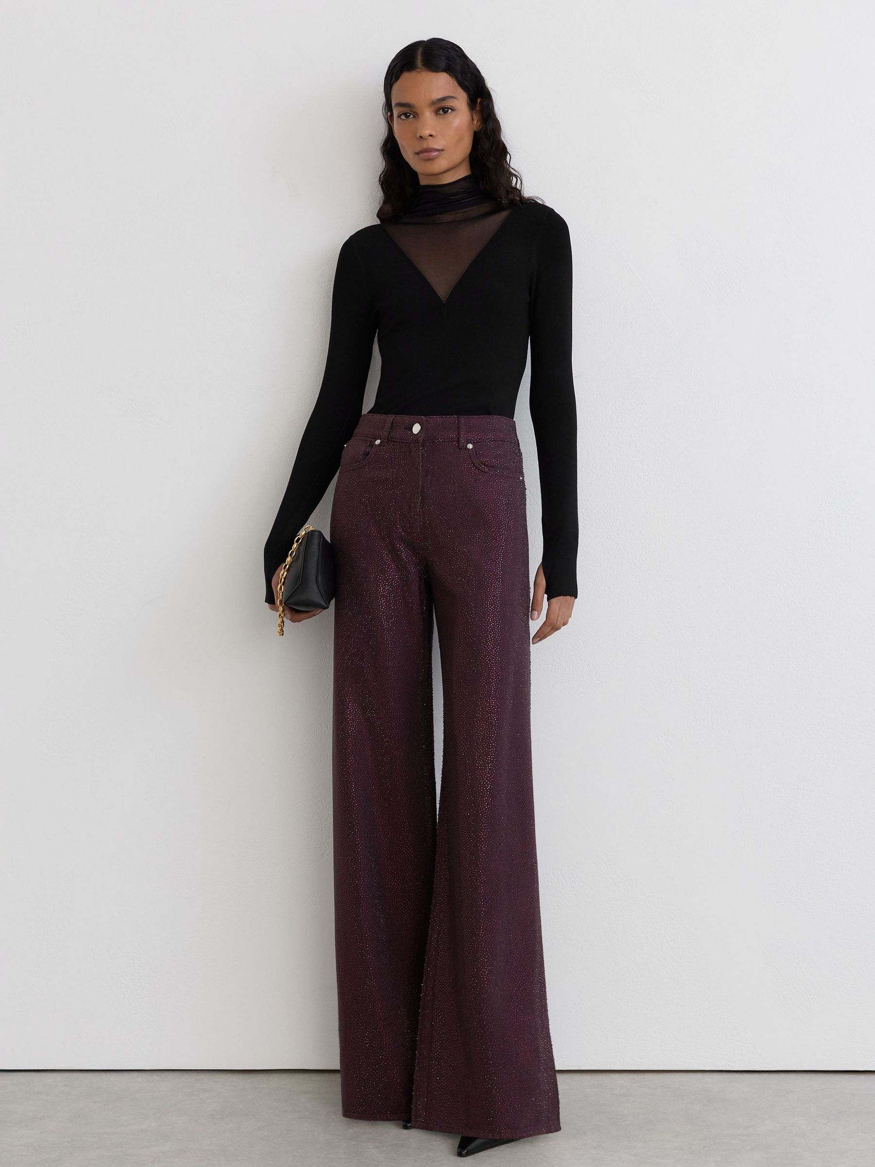 Burgundy - Cotton-lyocell Sparkle Wide-leg Jeans