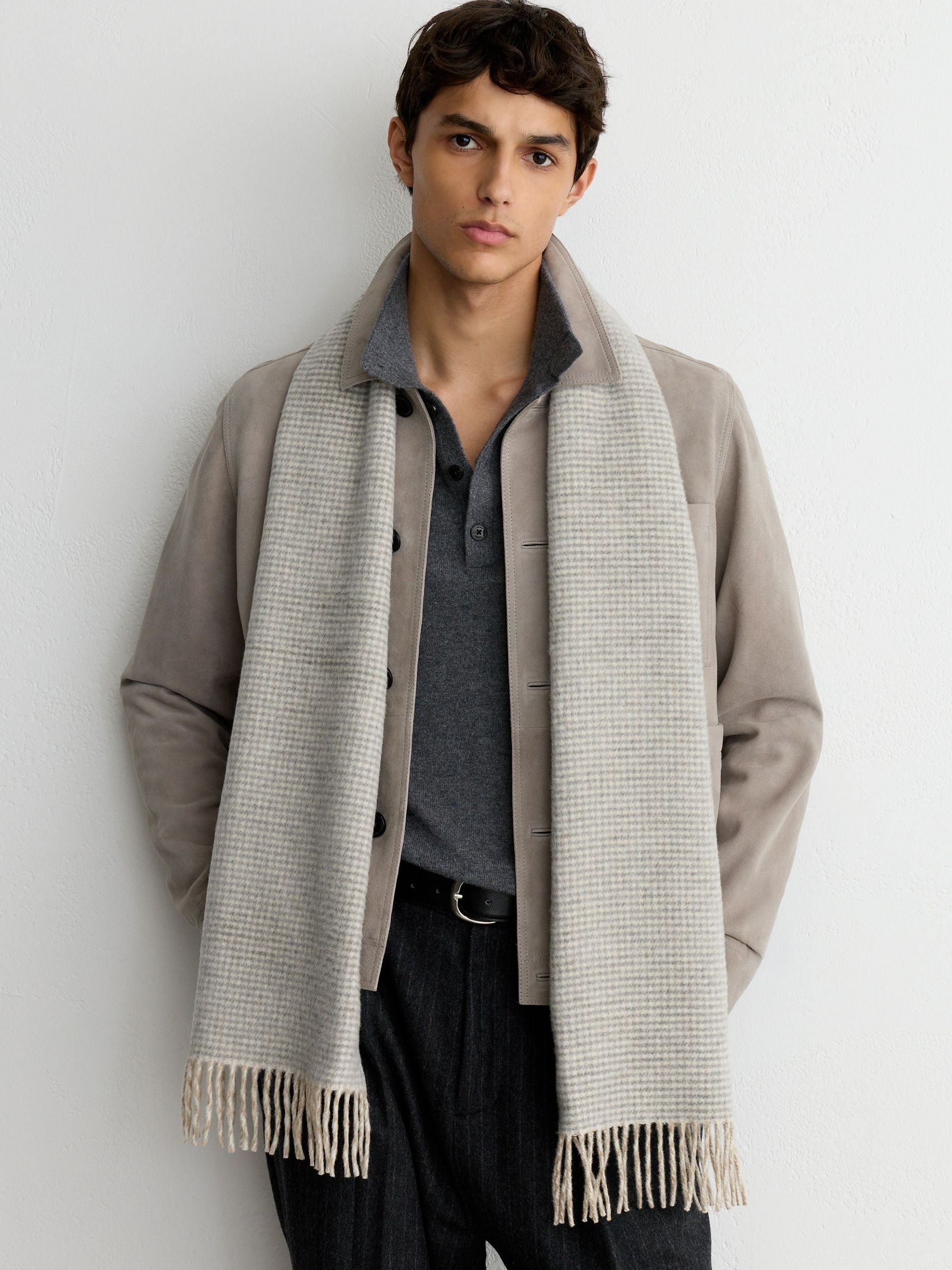 Oatmeal - Regular Wool-cashmere Houndstooth-check Scarf