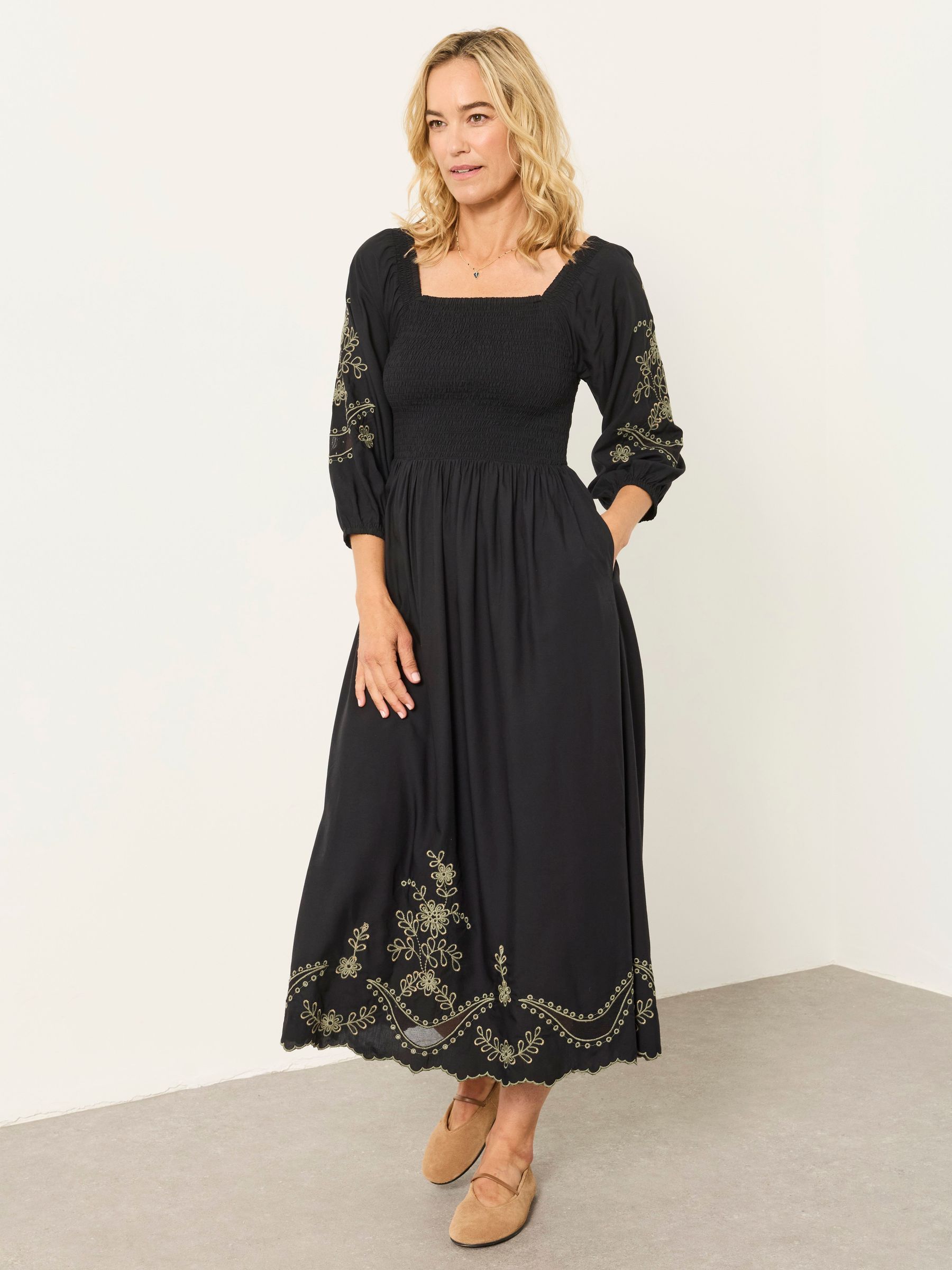 Black - Embroidered Midi Dress