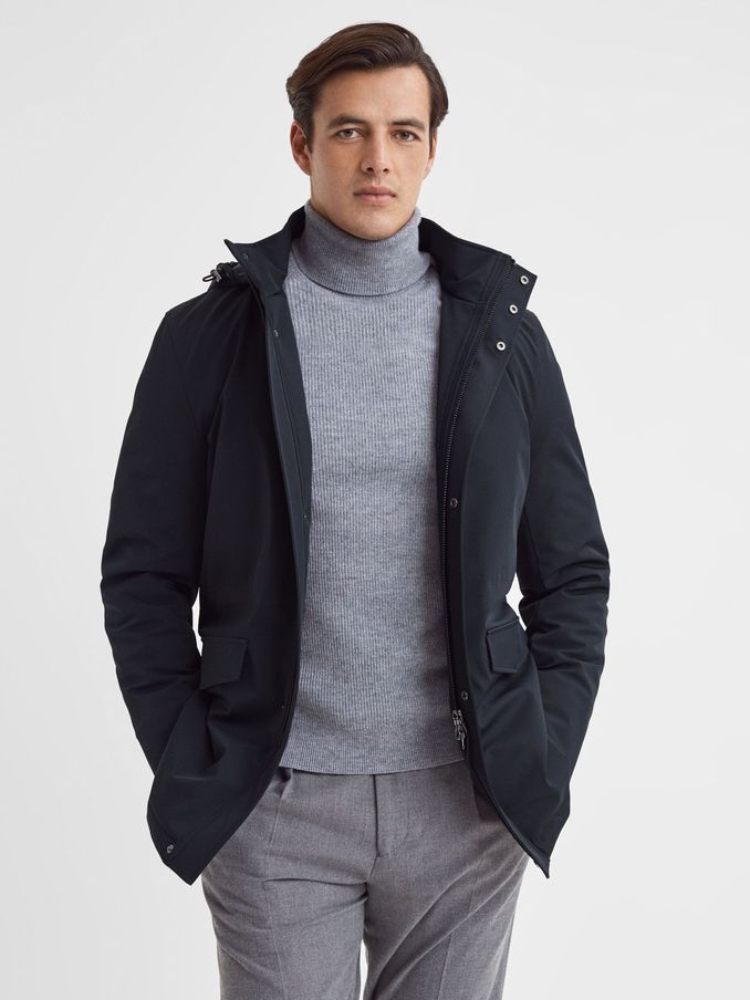Water Repellent Removable Hooded Coat in Navy (M47936) | €226