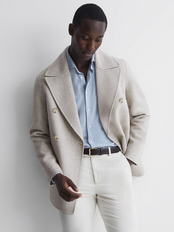 Wool Blend Double Breasted Coat in Oatmeal (M47937) | €326