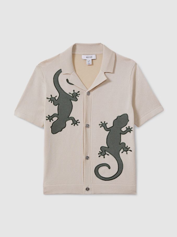 13-14 yrs Knitted Reptile Cuban Collar Shirt in Stone/Green (M48780) | US$32