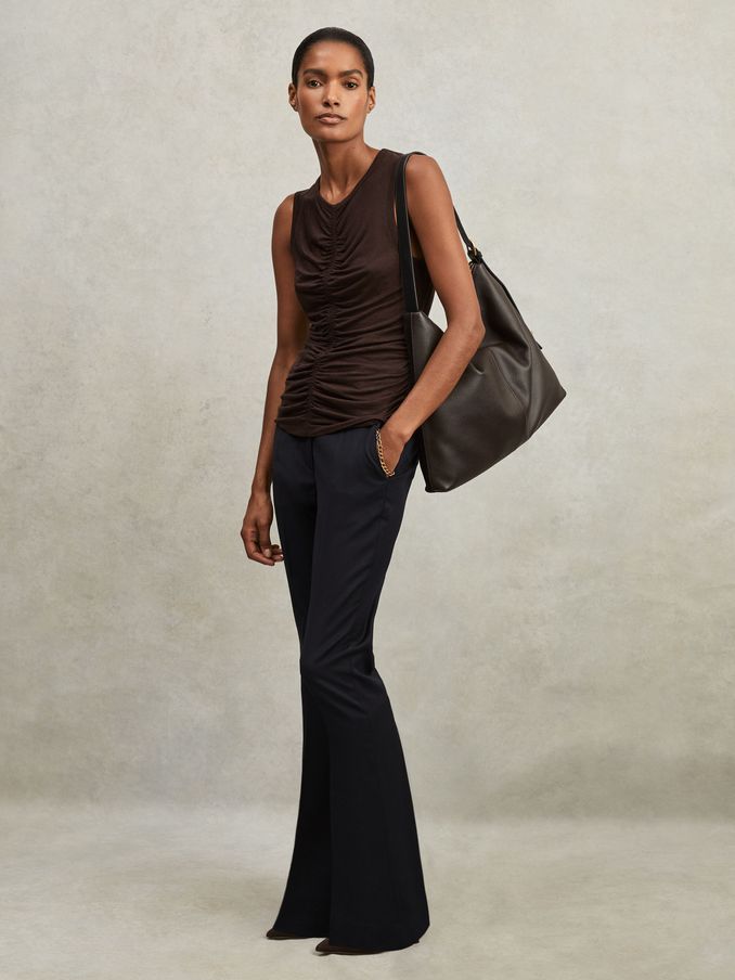 Petite Wool-Blend Tailored Flared Suit Trousers in Navy (M82189) | US$245