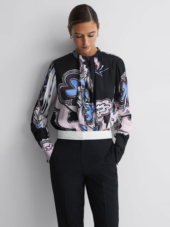 Printed Pleat Front Blouse in Black (N02015) | US$84
