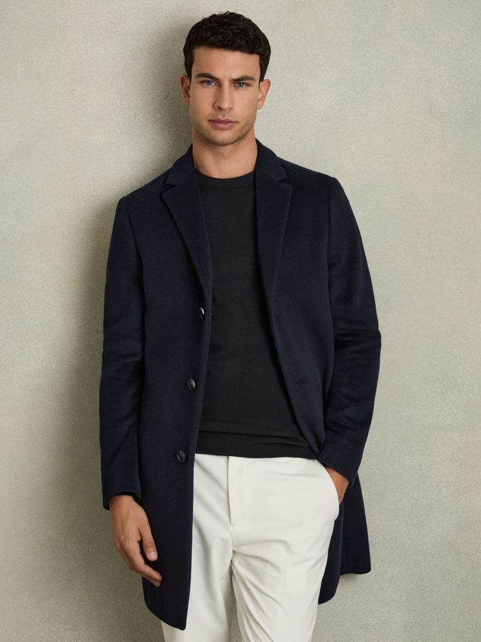 Wool Blend Single Breasted Epsom Overcoat in Navy (N02026) | HK$2,559