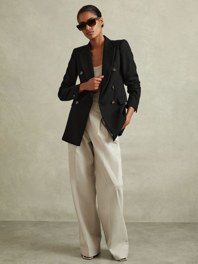 Petite Tailored Textured Wool Blend Double Breasted Blazer in Black (N02798) | €169