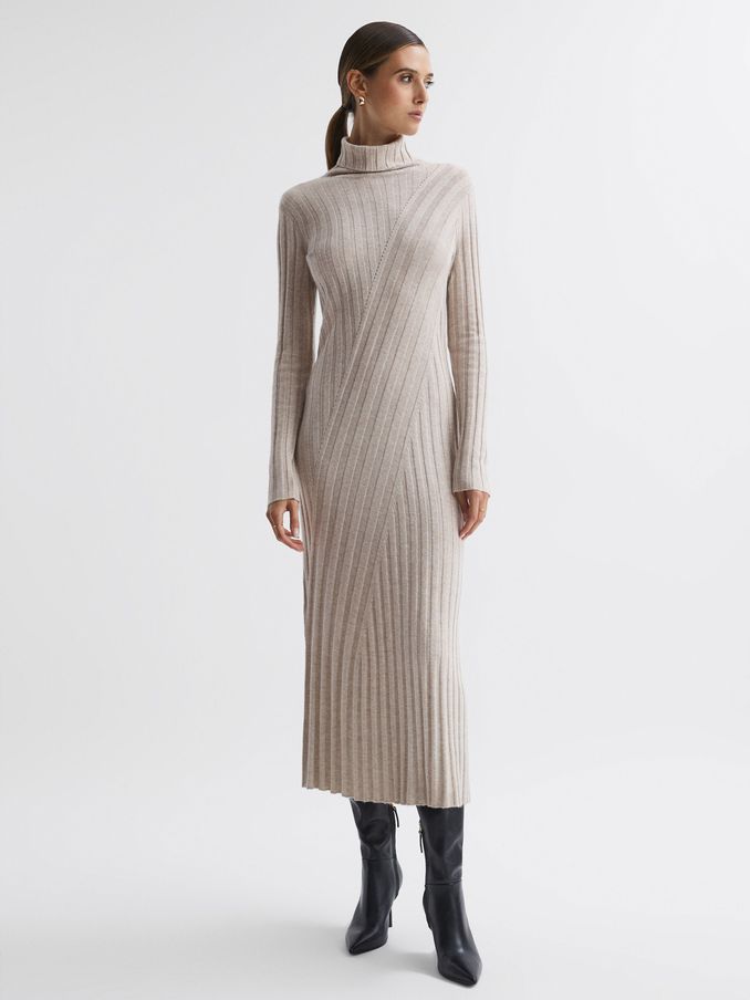 Knitted Roll Neck Midi Dress in Neutral (N04561) | €97