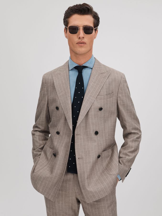 Slim Fit Wool-Silk-Linen Double Breasted Blazer in Mocha (N05345) | US$328