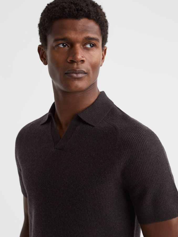 Wool Open-Collar Polo Shirt in Chocolate (N11593) | US$98