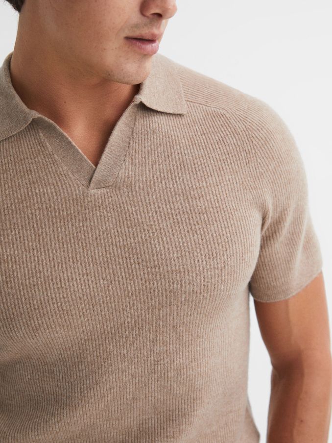 Wool Open-Collar Polo Shirt in Camel (N11594) | AED310