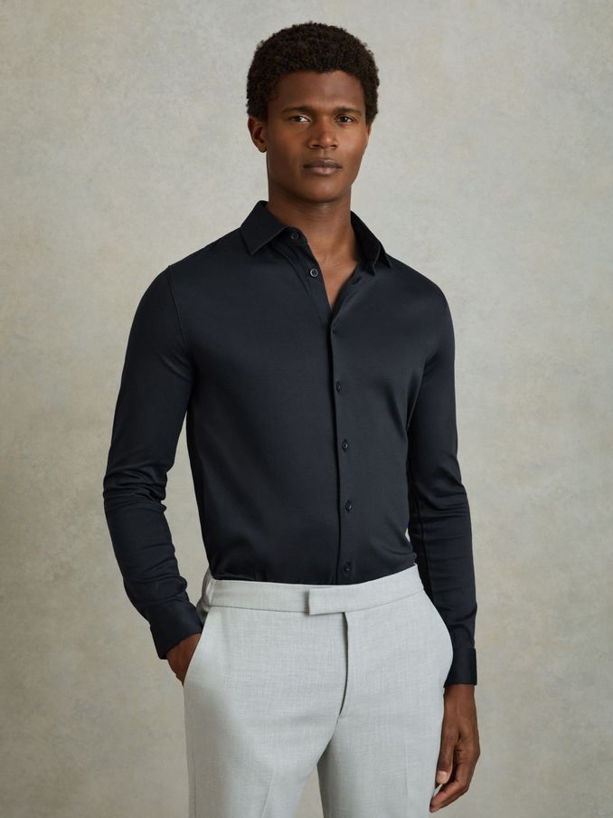 Slim Fit Mercerised Cotton Jersey Shirt in Navy (N11604) | €70