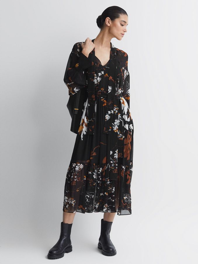 Floral Neck Tie Midi Dress in Black/Brown (N11605) | €122