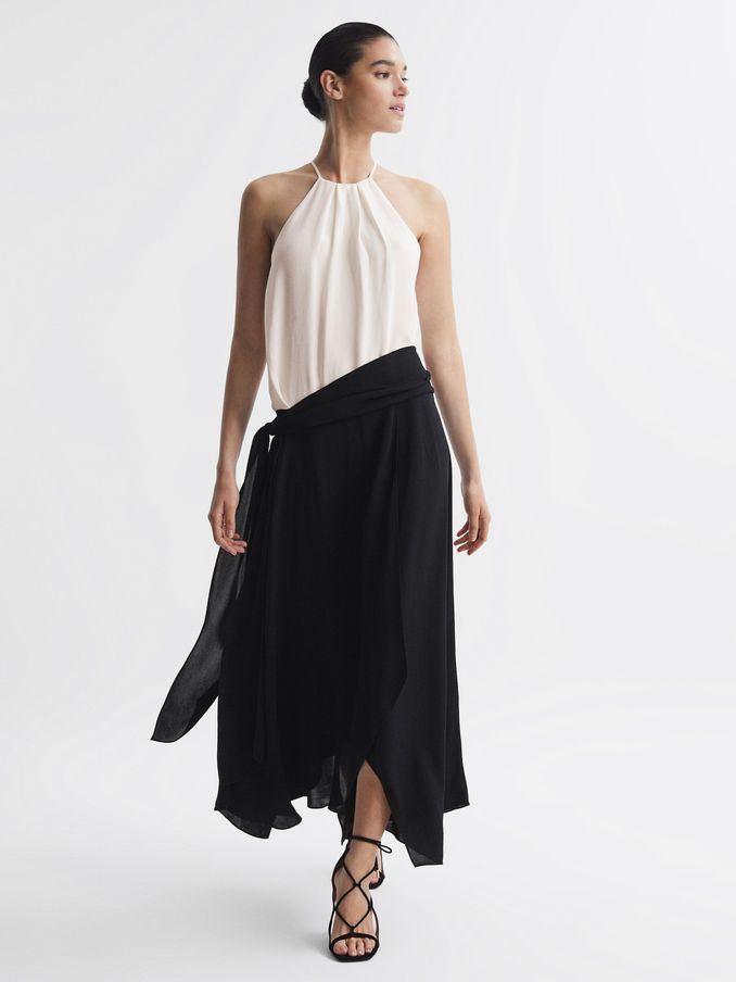 Asymmetric Belted Wrap Midi Dress in Cream/Black (N11626) | €155