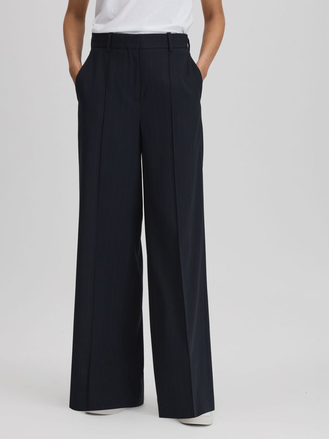 Wool Blend Wide Leg Pinstripe Trousers in Navy (N12422) | US$129