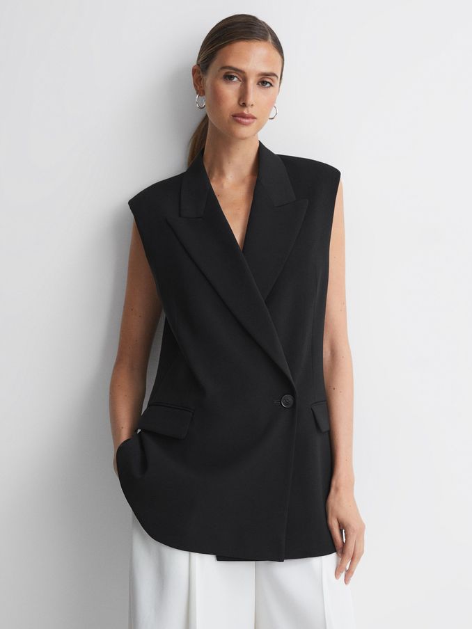 Double Breasted Longline Waistcoat in Black (N12425) | AED381