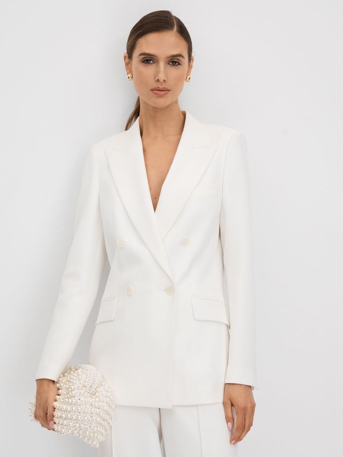 Double Breasted Crepe Suit Blazer in White (N12427) | 841 SAR
