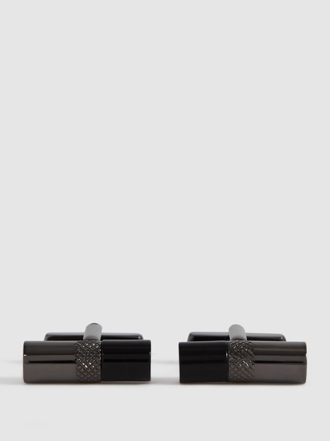 Stone Insert Barrel Cufflinks in Gunmetal/Onyx (N13451) | $135