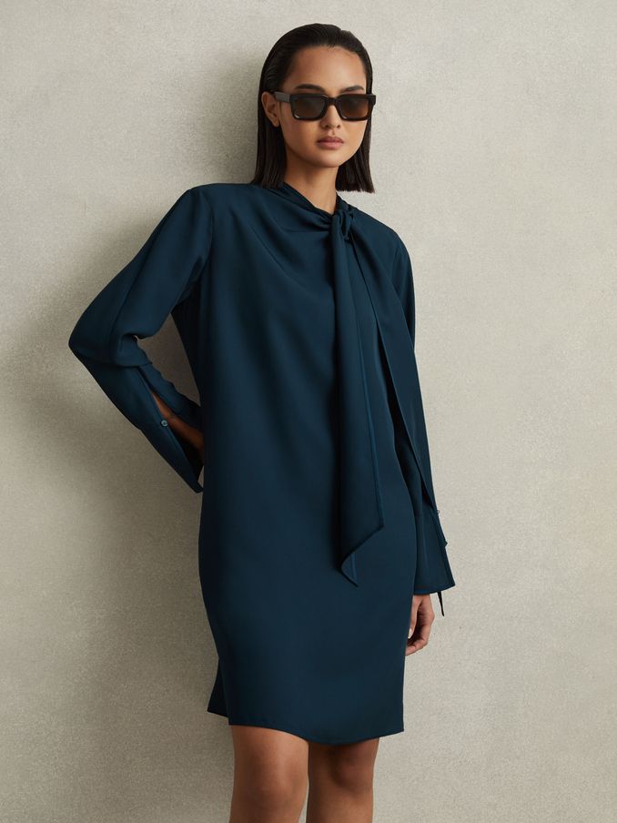 Tie Neck Belted Mini Dress in Teal (N13951) | US$136