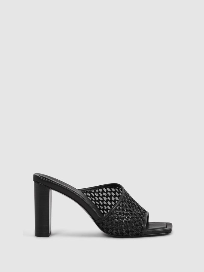 Raffia Block Heel Mules in Black (N15693) | US$166