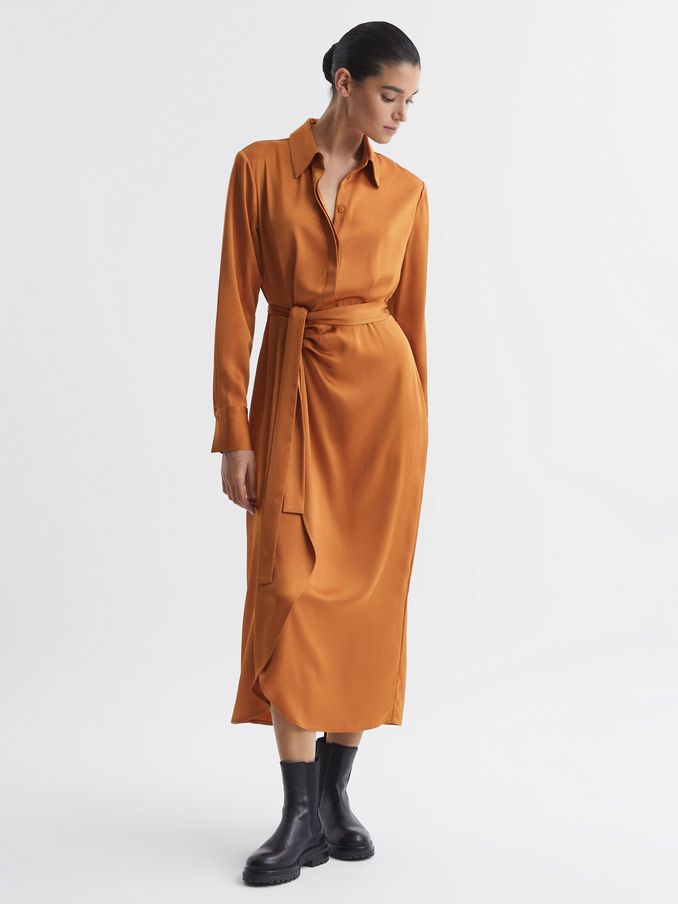Satin Shirt-Style Midi Dress in Rust (N15698) | US$141