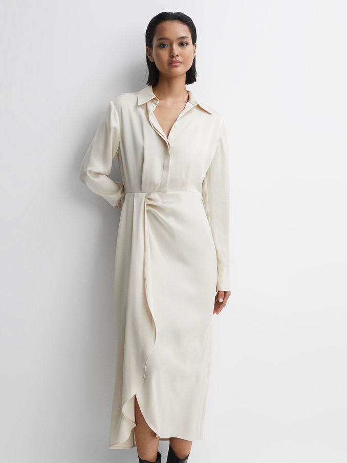 Satin Shirt-Style Midi Dress in Cream (N15699) | $201