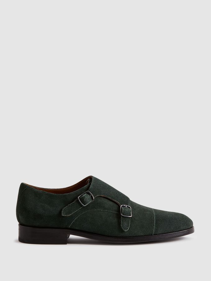 Suede Double Monk Strap Shoes in Forest Green (N17282) | €97