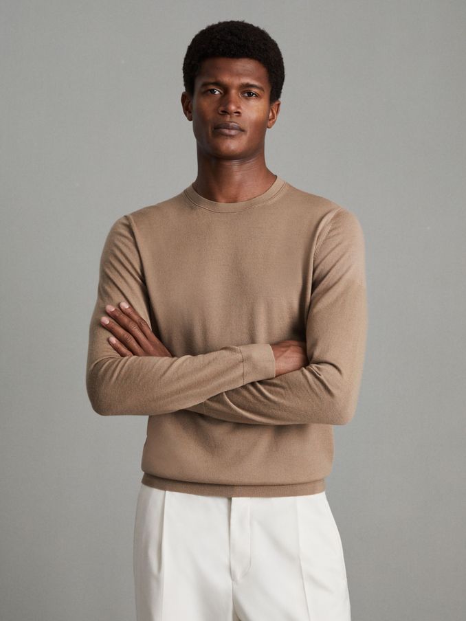 Merino Wool Crew Neck Jumper in Camel (N17304) | US$62