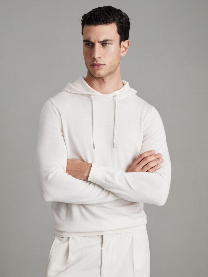 Merino Wool Drawstring Hoodie in Snow (N17307) | US$111