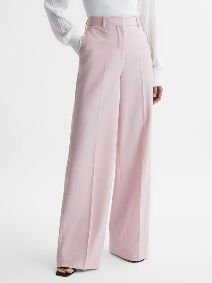 Wool Blend Mid Rise Wide Leg Trousers in Pink (N18477) | US$127