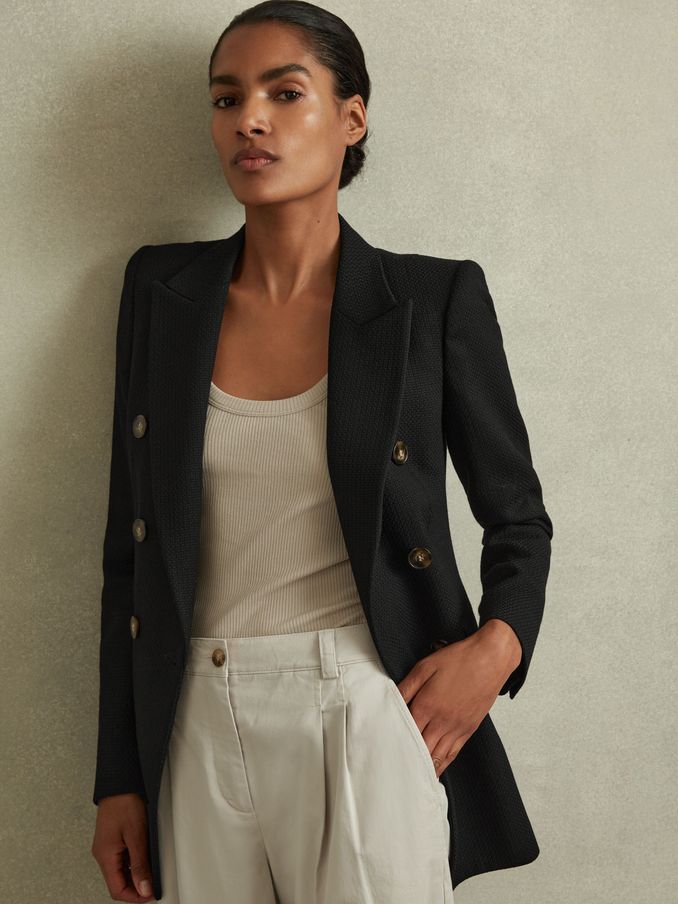 Tailored Textured Wool Blend Double Breasted Blazer in Black (N18479) | 676 SAR