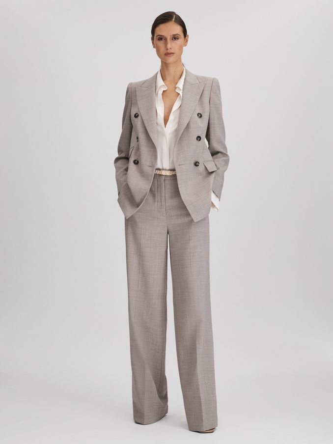 Tailored Wool Blend Double Breasted Suit Blazer in Oatmeal (N18481) | 654 SAR